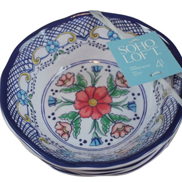 Soho Loft Melamine Bowl Set of 4 Blue White Coral Pink Flower Floral Cereal NWT - Picture 1 of 7
